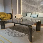 High-End Marble Coffee Table with Wood Veneer Legs and Polished Metal Accents